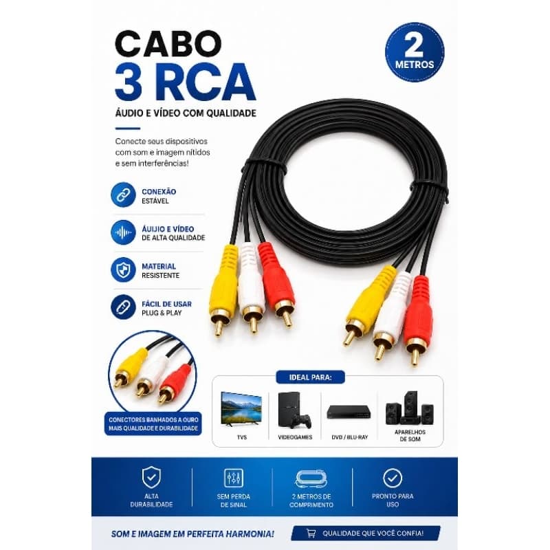 Cabo 3 RCA Áudio e Vídeo 2 Metros – Alta Qualidade