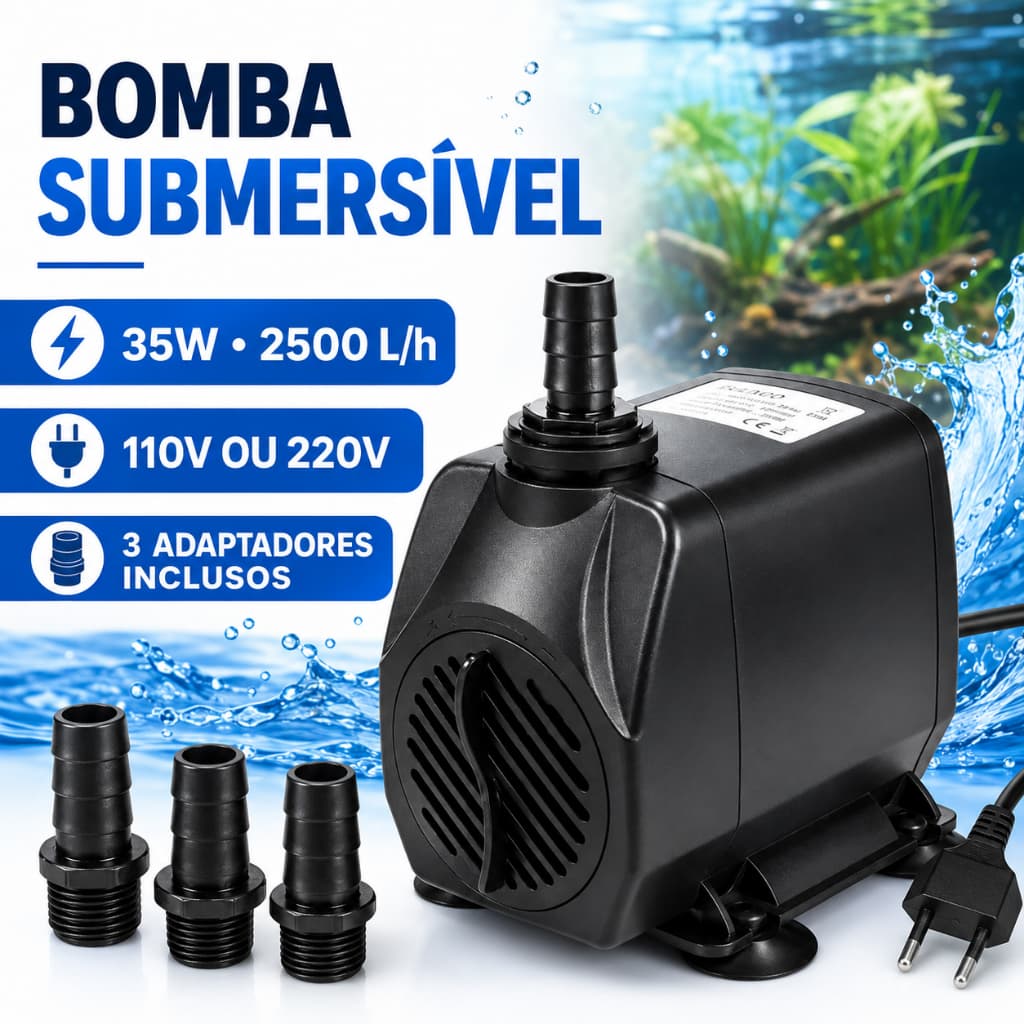 Bomba Submersa 2500L/H 2,7m 35W 110V/220V para Lago Aquário Fonte Cascata Água Doce e Salgada