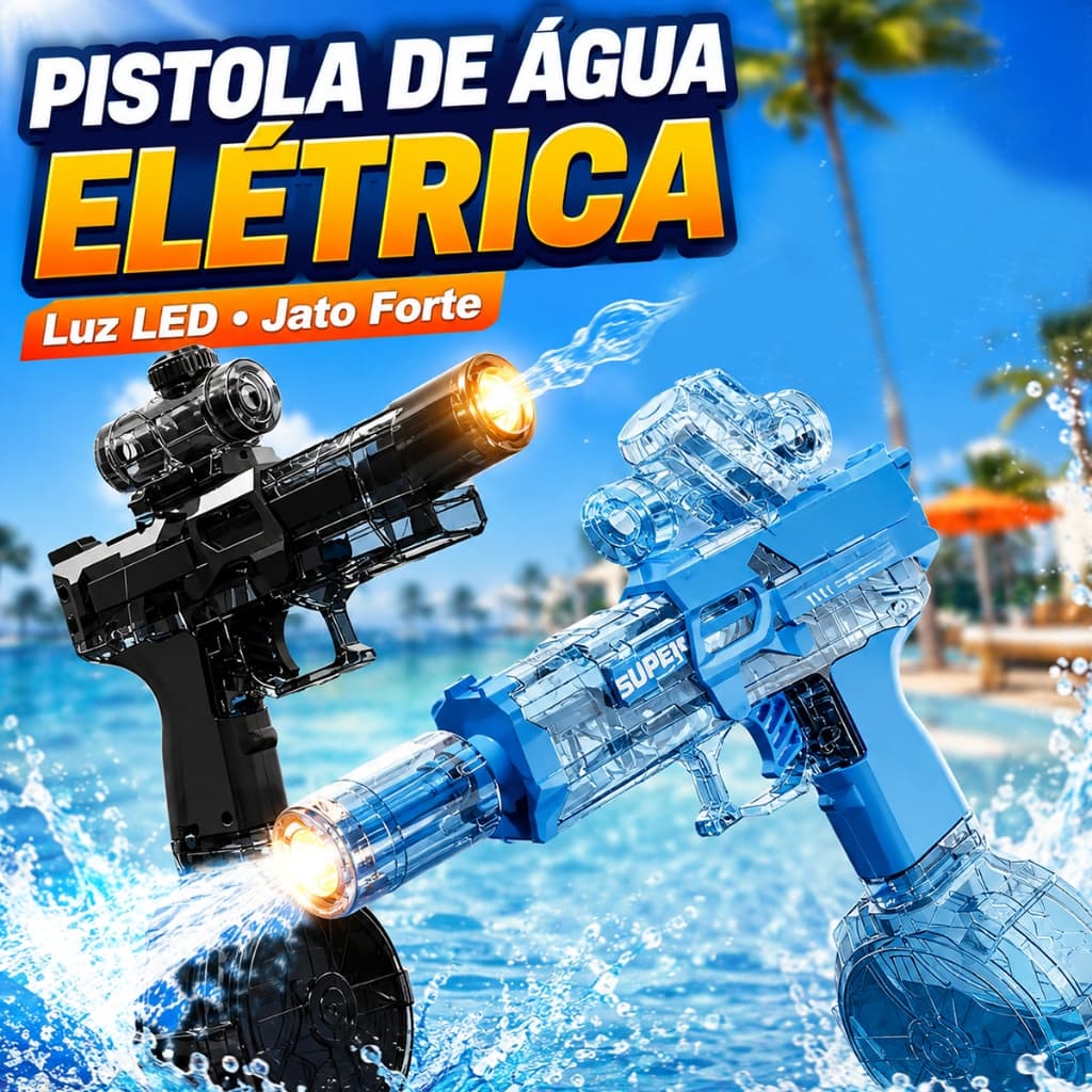 Pistola de Água Elétrica Automática Super Jato com LED Brinquedo Infantil para Piscina Praia Verão
