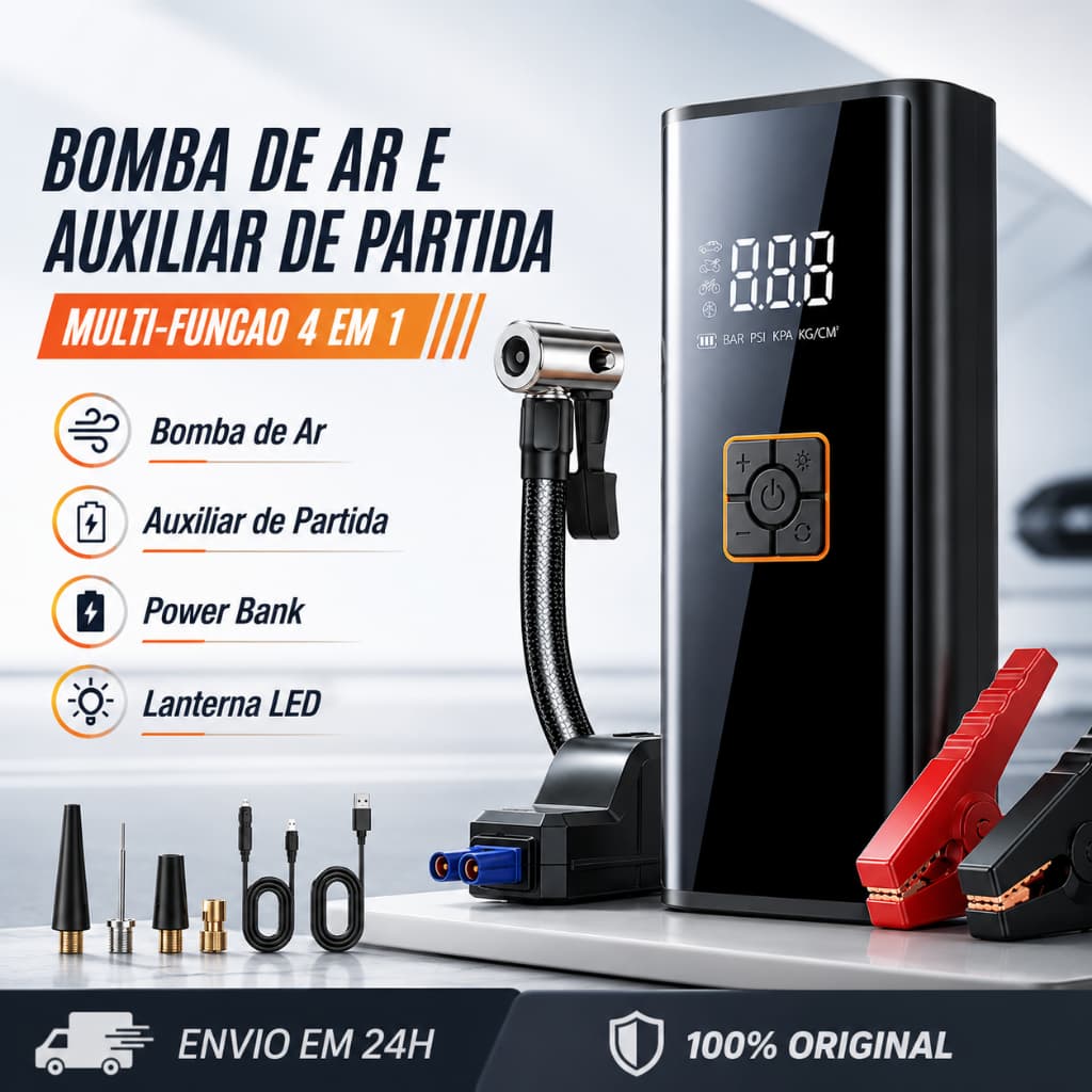 Bomba de Ar Portátil 4 em 1 para Carro Moto Auxiliar de Partida Compressor de Ar Power Bank Lanterna LED 10000mah 150PSI