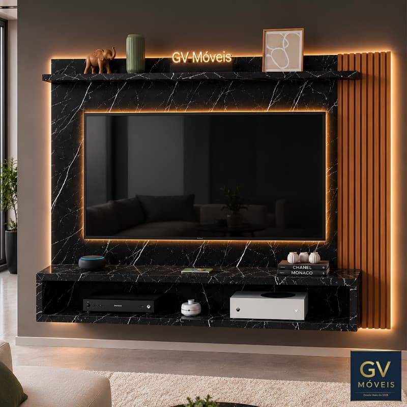 Painel 60 Polegadas TV Pintura Marmorizada e Ripada 3D Industrial, Possui Nicho Amplo Ideal Sala