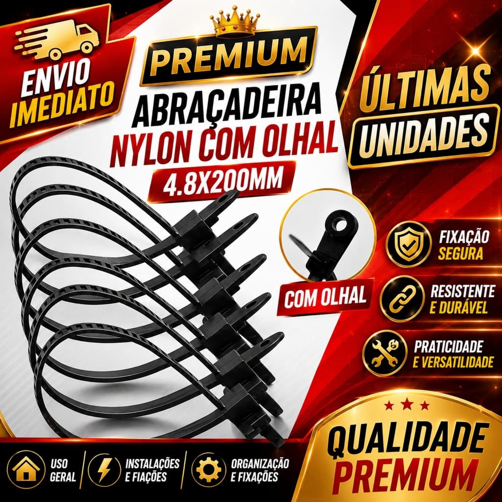 Abraçadeiras Nylon 4,8x200mm Com Olhal Preta Enforca Gato Presilhas Cintas Plásticas Premium