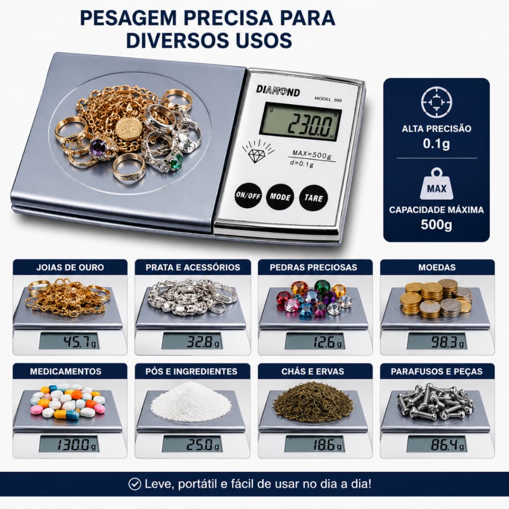 MINI BALANÇA DIGITAL PORTÁTIL COM ALTA PRECISÃO 0,1g A 500g