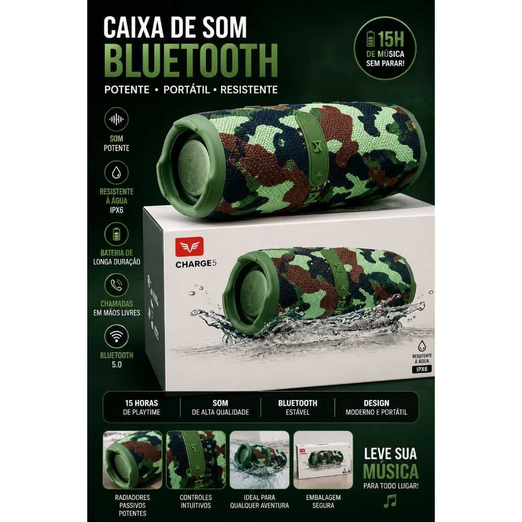 Caixa de Som Bluetooth Charge5 Camuflada À Prova D'Água IPX6 Bateria 15h Som Potente Alta Qualidade Portátil
