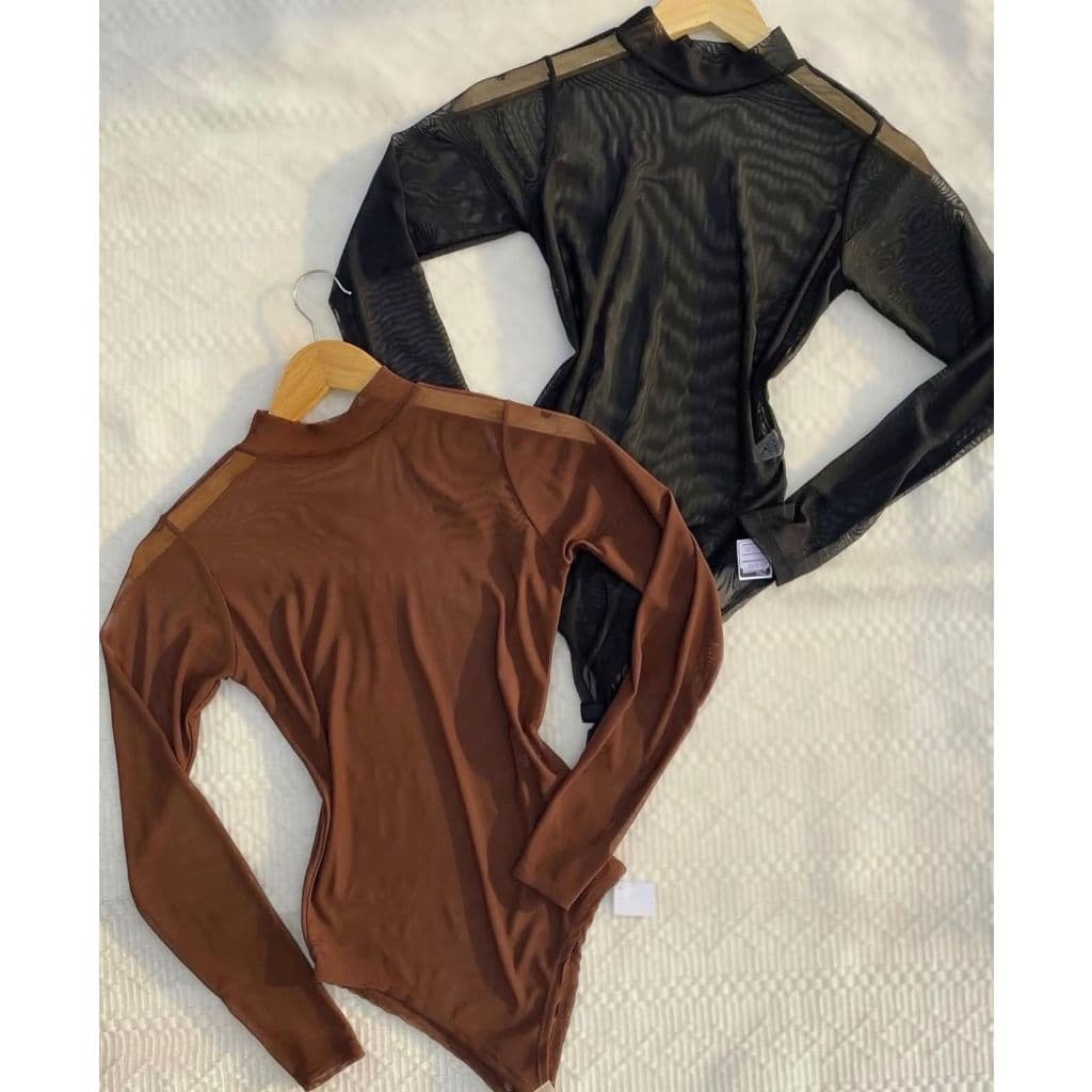 Body Gola Manga Longa Tule Transparência Blogueira