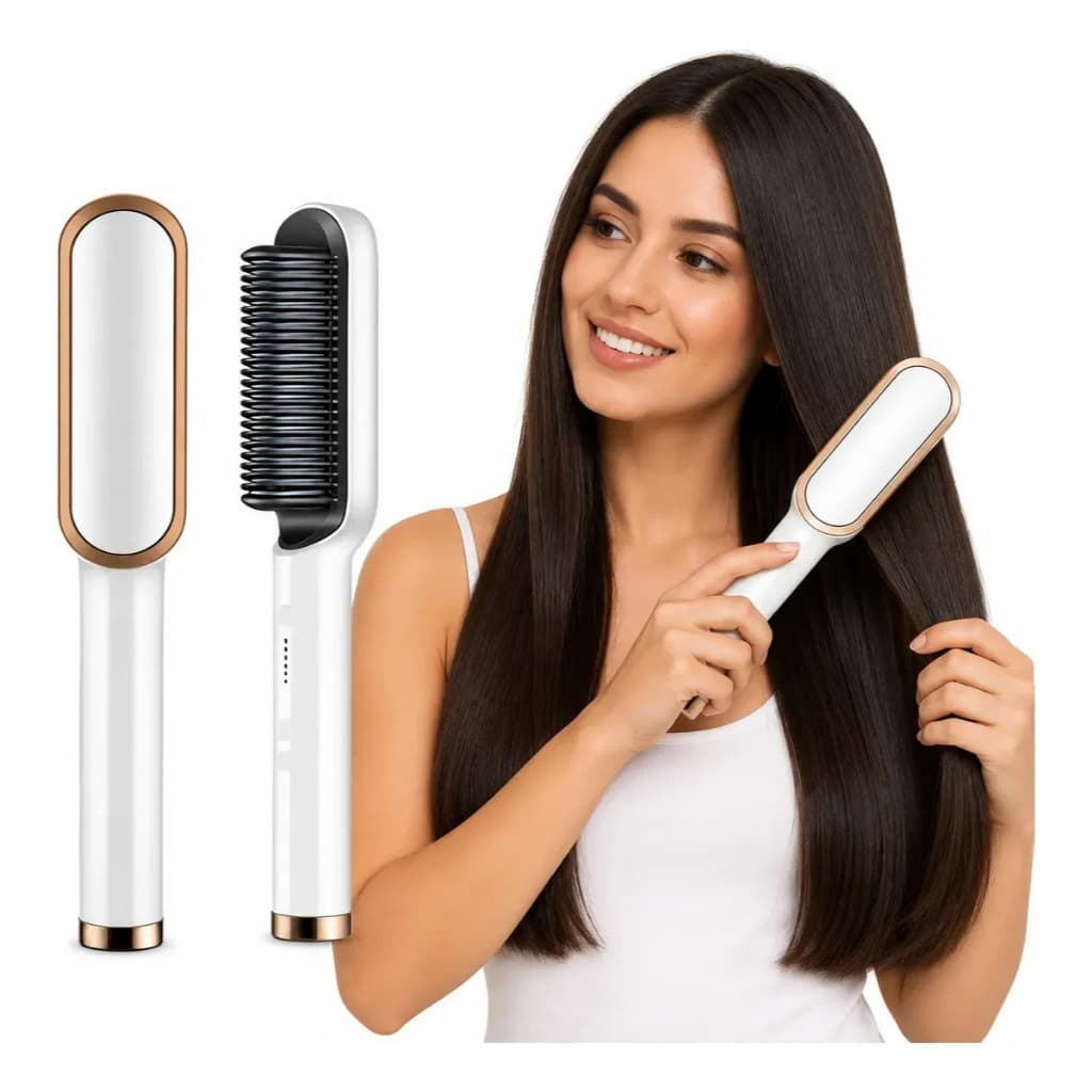 Escova Pente Alisadora Profissional Branca – Escova Elétrica para Alisar, Modelar e Reduzir o Frizz