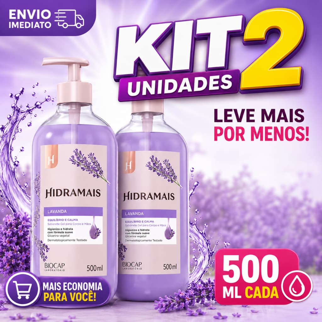 KIT 2 SABONETE LIQUIDO HIDRAMAIS LAVANDA, 500 ML CADA, TOTAL 1 LITRO - LEVE MAIS POR MENOS