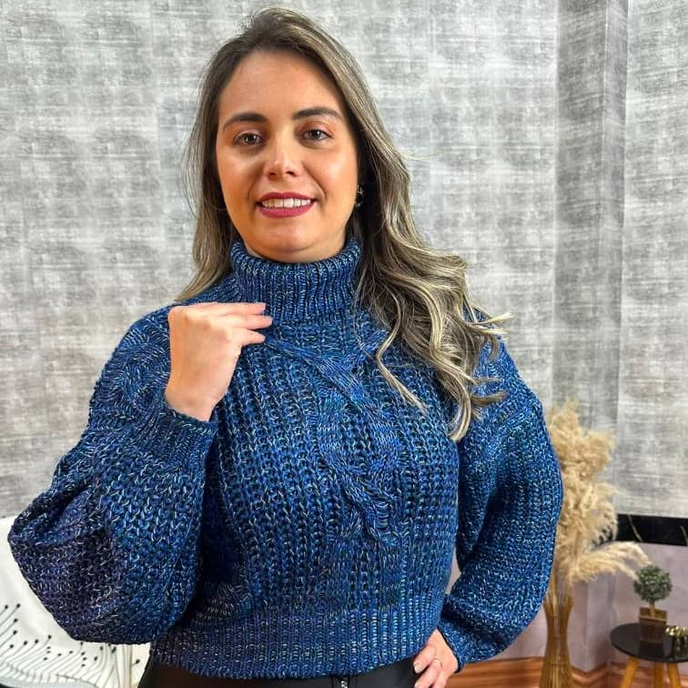 Blusa Cropped Gola Alta Tricot Moda Feminina Manga Longa Inverno Outono Elegante