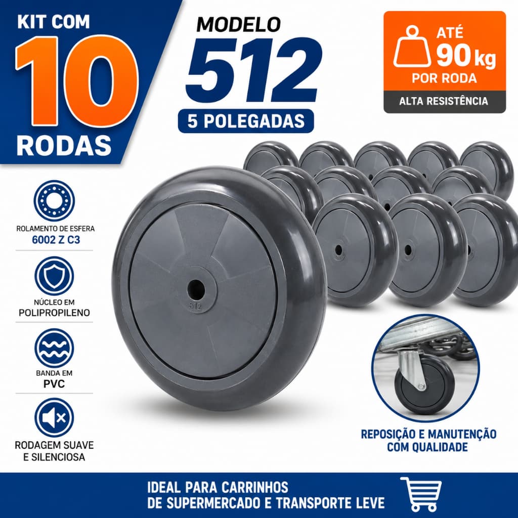Kit 10 Roda 512 5 Polegadas Carrinho Supermercado Rolamento Esfera MegaLeo