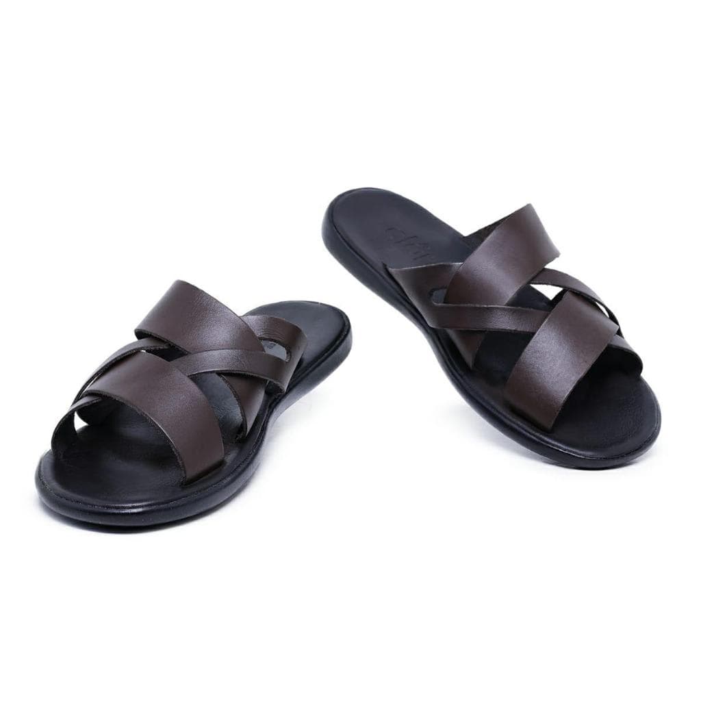 Slide Masculino Couro Marrom Café Escuro Tiras Cruzadas Conforto Casual Tam 37 ao 44