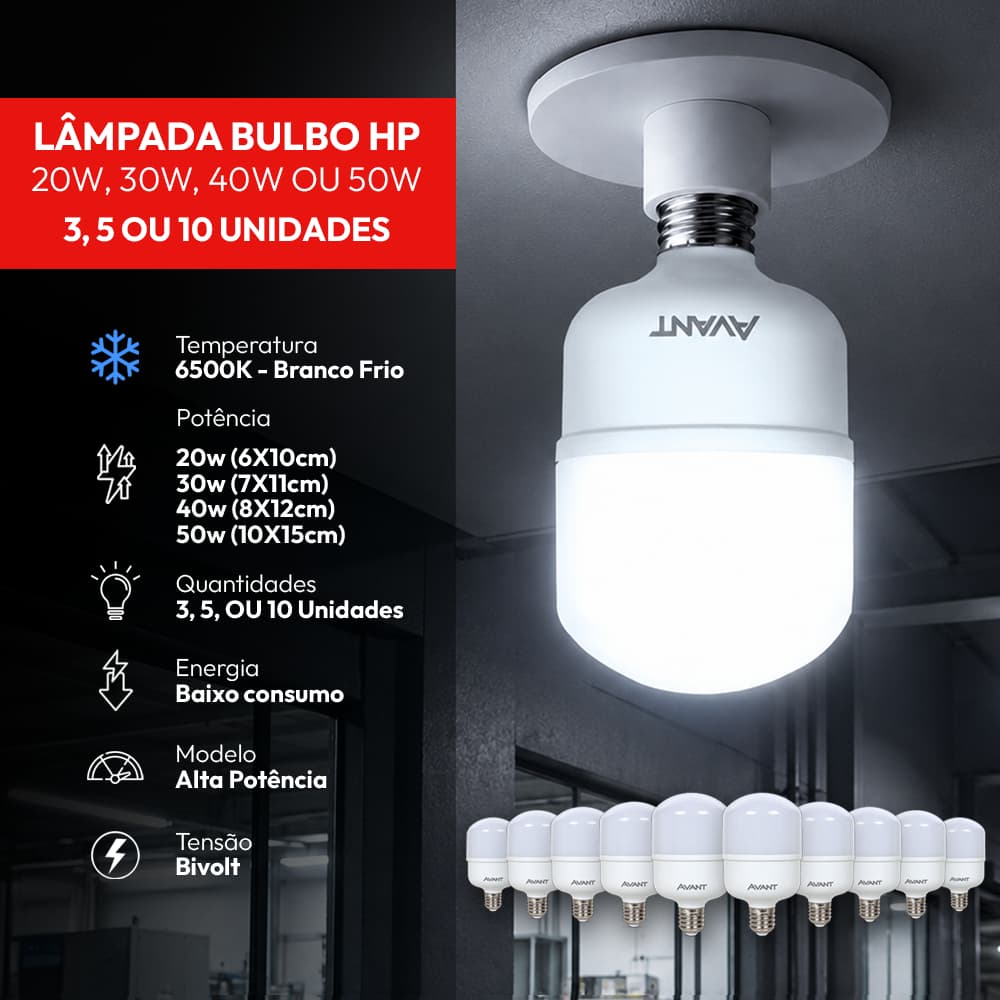 Kit 3, 5 ou 10 Lâmpadas Led Bulbo Hp 20w, 30w, 40w ou 50w 6500k Branco Frio E27 Bivolt Avant