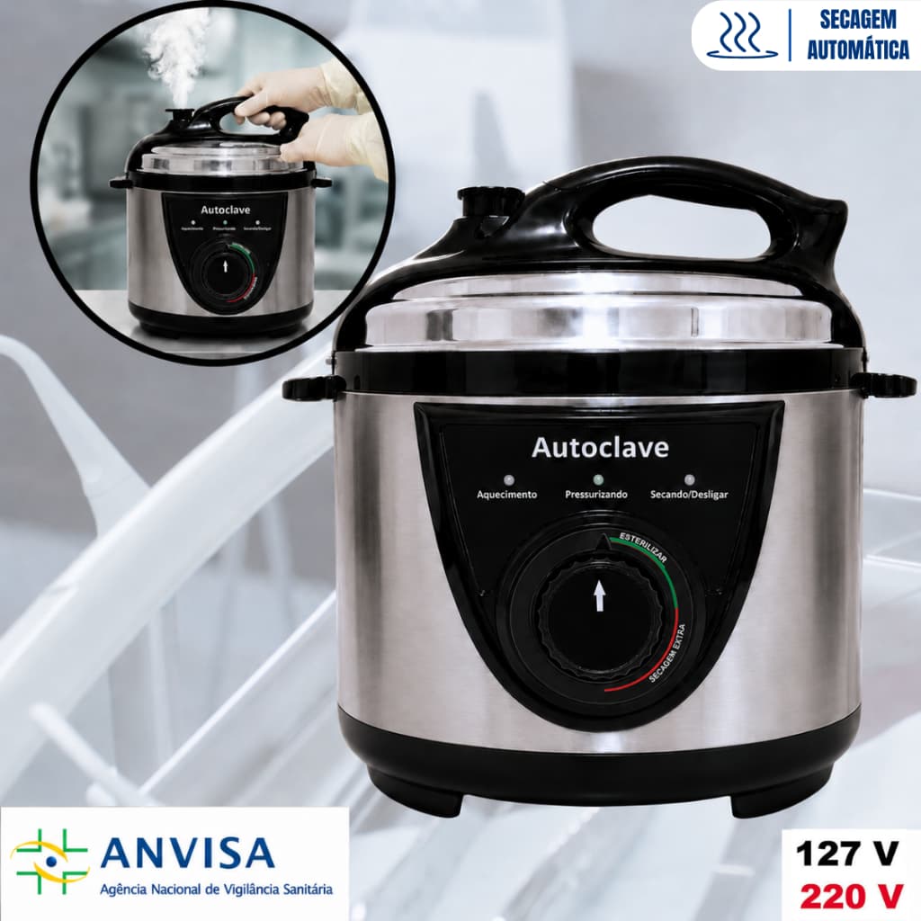 Autoclave LunaSlim Preto 5L Esterilizador Secagem Automático C/ Anvisa 127V/220V Profissional Manicure Estética