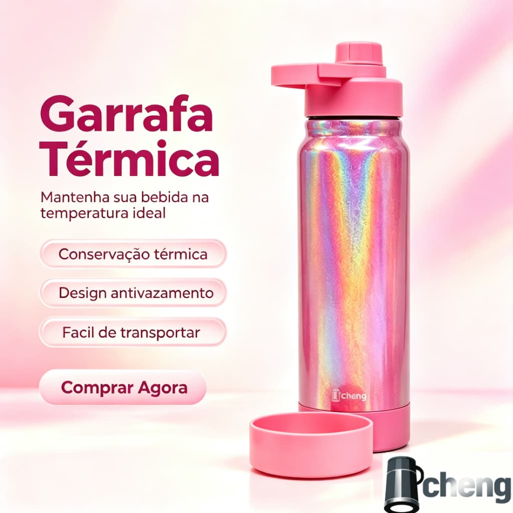 Garrafa Térmica Holográfico Efeito Arco-íris Inox Brilhante com Base de Silicone - Ideal para Academia, Escola e Diaria