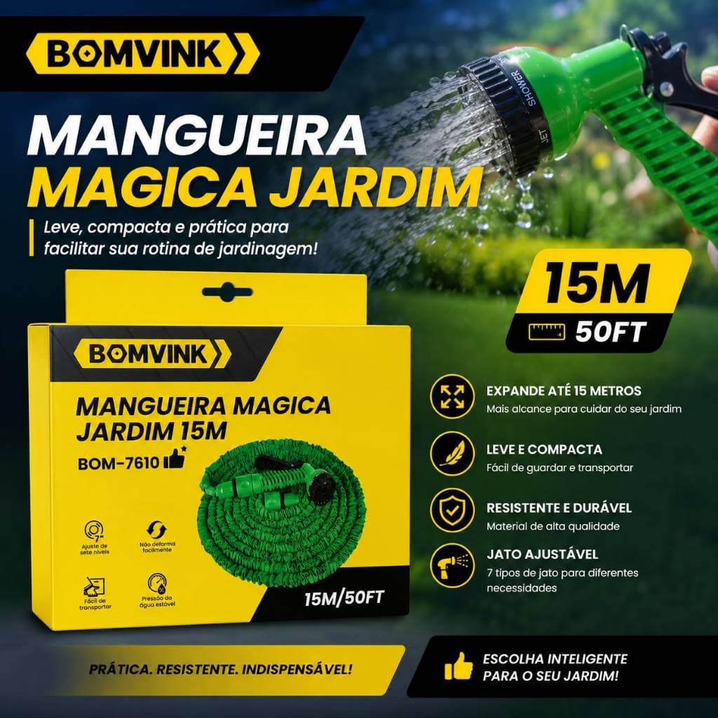 Mangueira Mágica Expansível para Jardim 15 Metros (50FT) com Esguicho – BOMVINK BOM-7610.
