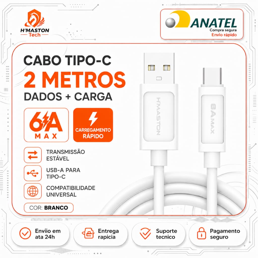 H'MASTON HB17-3 Cabo Usb Tipo c Turbo Cabo Carregador Tipo c Cabo Tipo c Turbo Cabo Tipo c 2 Metros Cabo Usb c 2 Metros