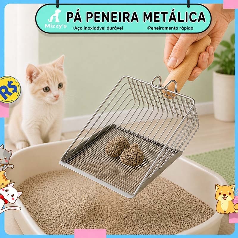 Pá Peneira Metálica para Caixa de Areia de Gatos com Malha Fina e Cabo de Madeira 27,5cm