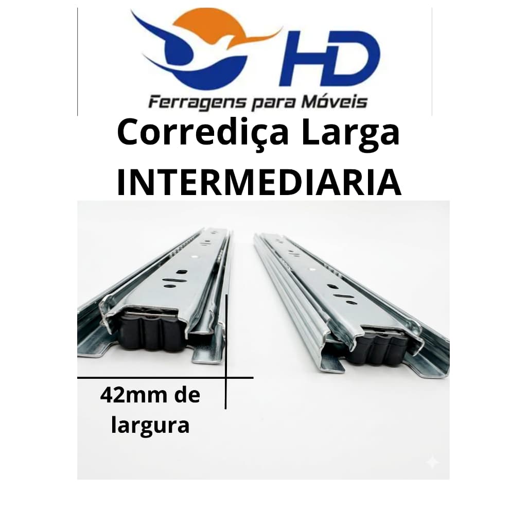 Corrediça Trilho Telescópica H42 (para Gavetas (o PAR) /25 35 40 45 50cm - Larga intermediaria Suporta até 30kg o par