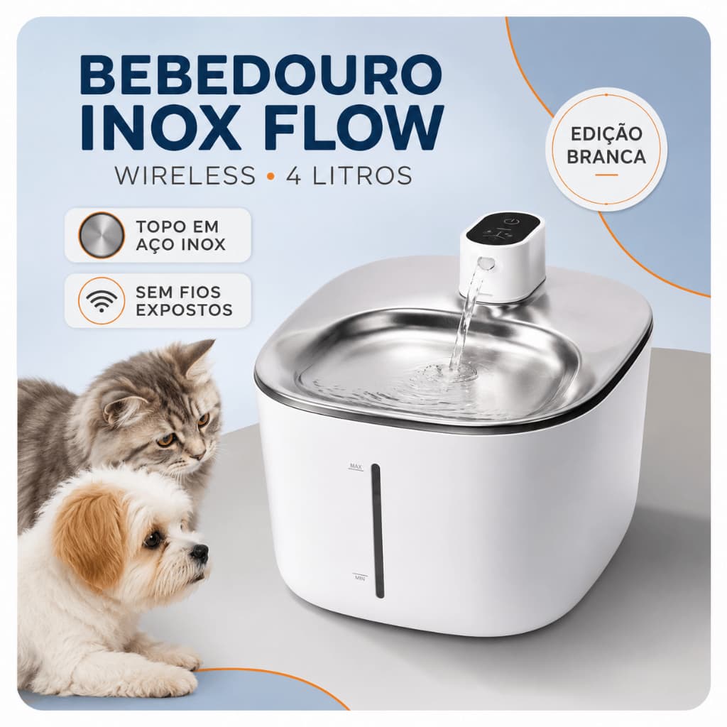 Fonte Bebedouro Pet Sem Fio 4L para Cães e Gatos com Bandeja de Inox Branca e Filtro