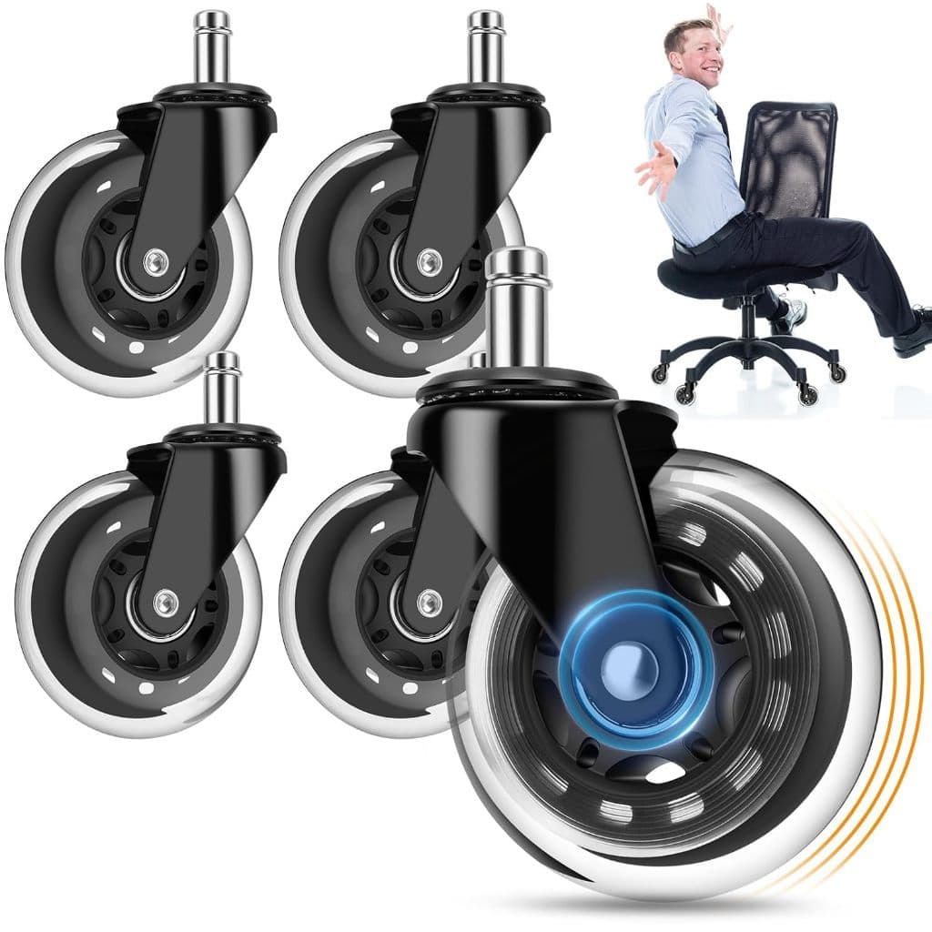 Kit 5 Rodízios Rodinhas para Cadeira Escritório Gamer 3 Pol 75mm PU Transparente Silenciosos Antirrisco Pino 11mm 300kg