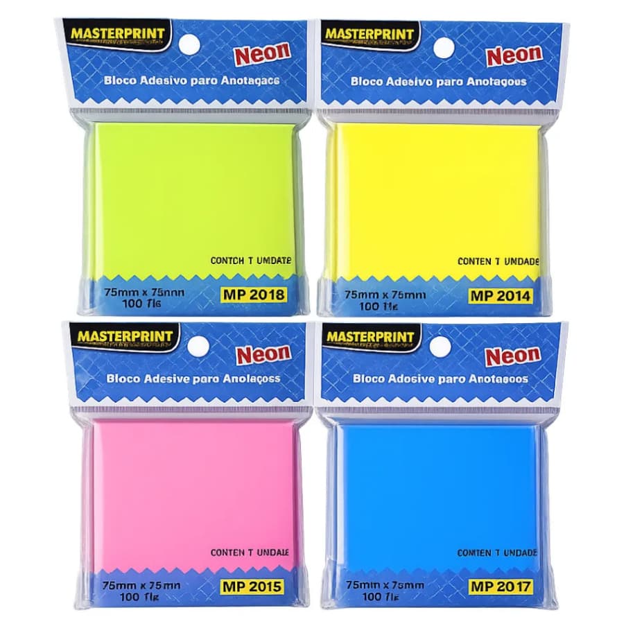 Kit 4 Blocos de Notas Adesivas Post It Neon 75x75mm 4 Cores Coloridas para Anotações Estudo Escritório Papelaria