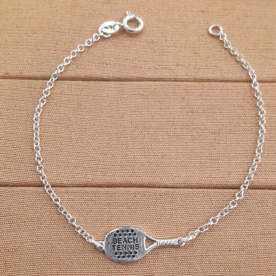 Pulseira Beach Tennis Prata 925 Legítima elo português Feminina Raquete Esportiva Ajustável - 04-6531CG2