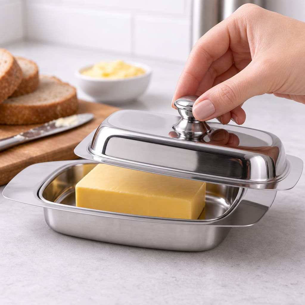 Manteigueira Inox Luxo Tampa Prato Servir Café Manhã Elegante Cozinha Organizador Premium Inox Top 1