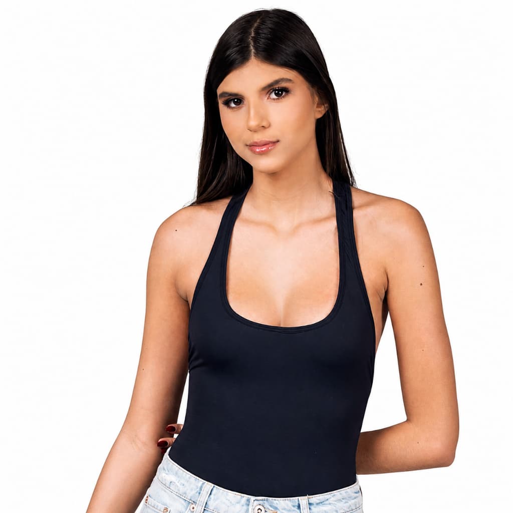 Body Aura Preto Feminino em Poliamida Decote Nadador Profundo Costas Cavadas Composição Look