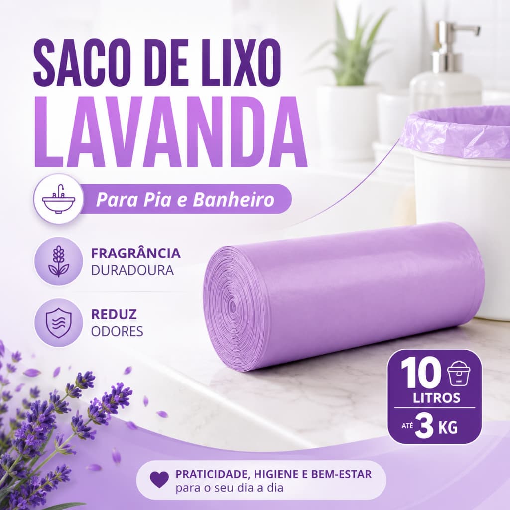 Pack Saco de Lixo Lavanda 10L para Pia Banheiro Lixeira Pequena Perfumado Fragrância Duradoura