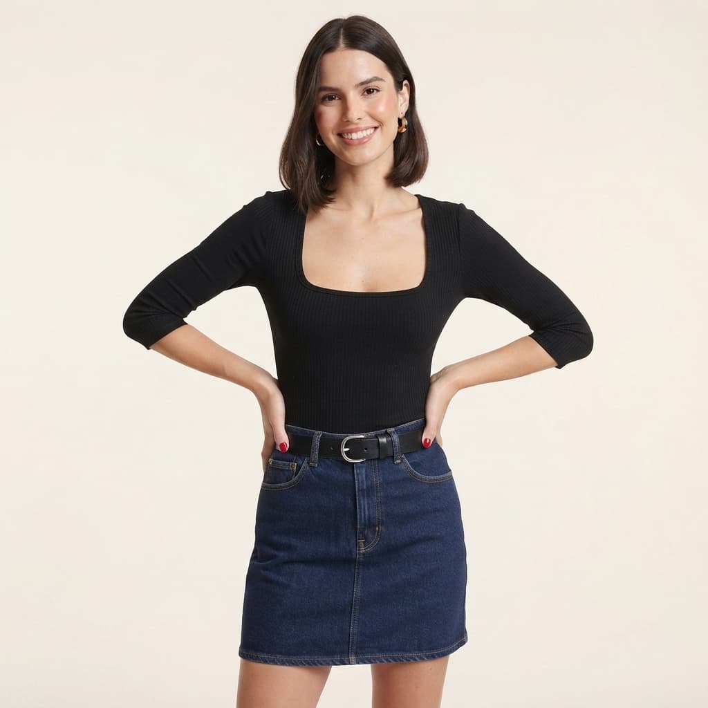 Blusa Feminina Preta Canelada Manga 3/4 Gola Elegante Básica Chic Versátil