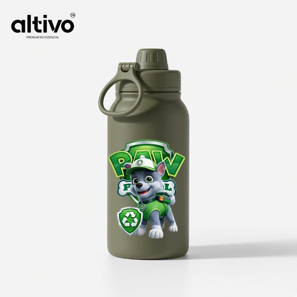 Garrafa Térmica Infantil Rocky Reciclagem Patrulha Canina 350ML com Tampa Rosqueável e Alça em Aço Inoxidável