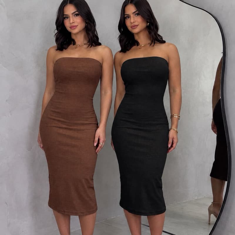 kit 2 Vestido Midi Tomara que Caia Canelado - Elegância e Conforto em um Único Vestido
