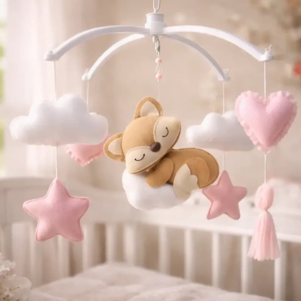 Móbile Baby Móbile de Berço para Bebê Musical e Giratório Raposinha Rosa Menina
