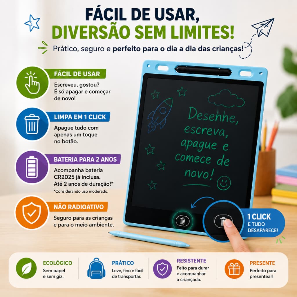 Lousa Mágica Digital Infantil 12 Polegadas LCD de Escrita Desenho Educativo com Caneta