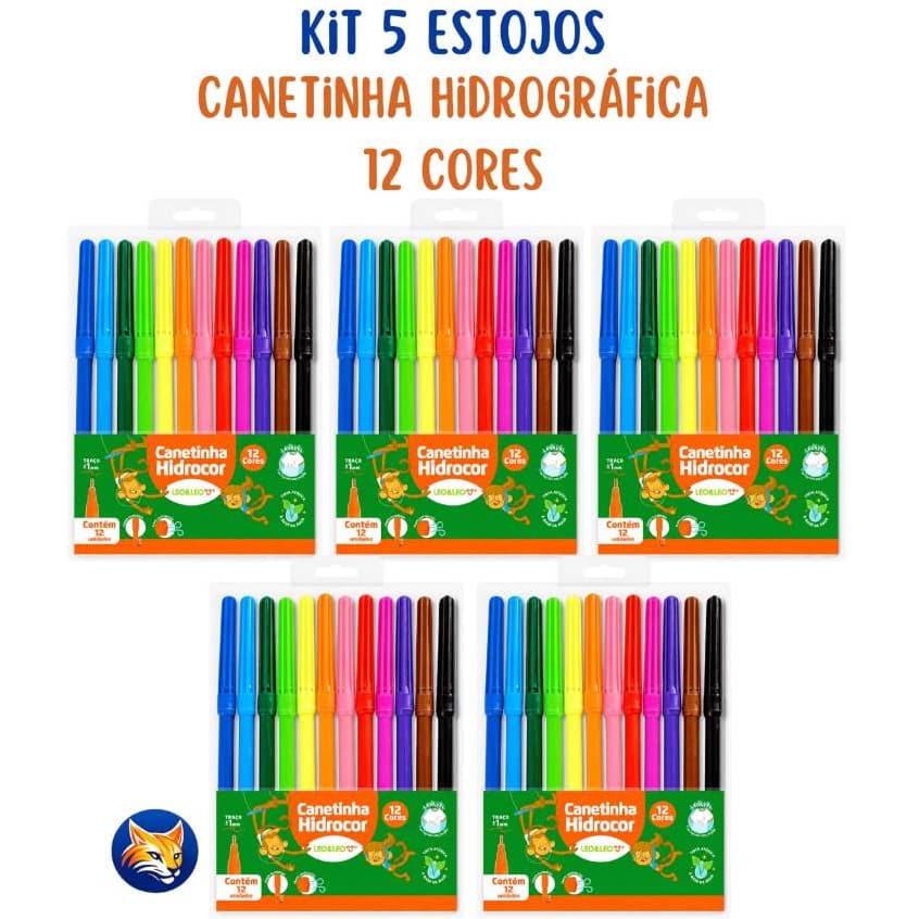 Kit 5 De Estojos Caneta Hidrográfica Hidrocor Lavável Canetinha Com 12 Cores Leo&Leo