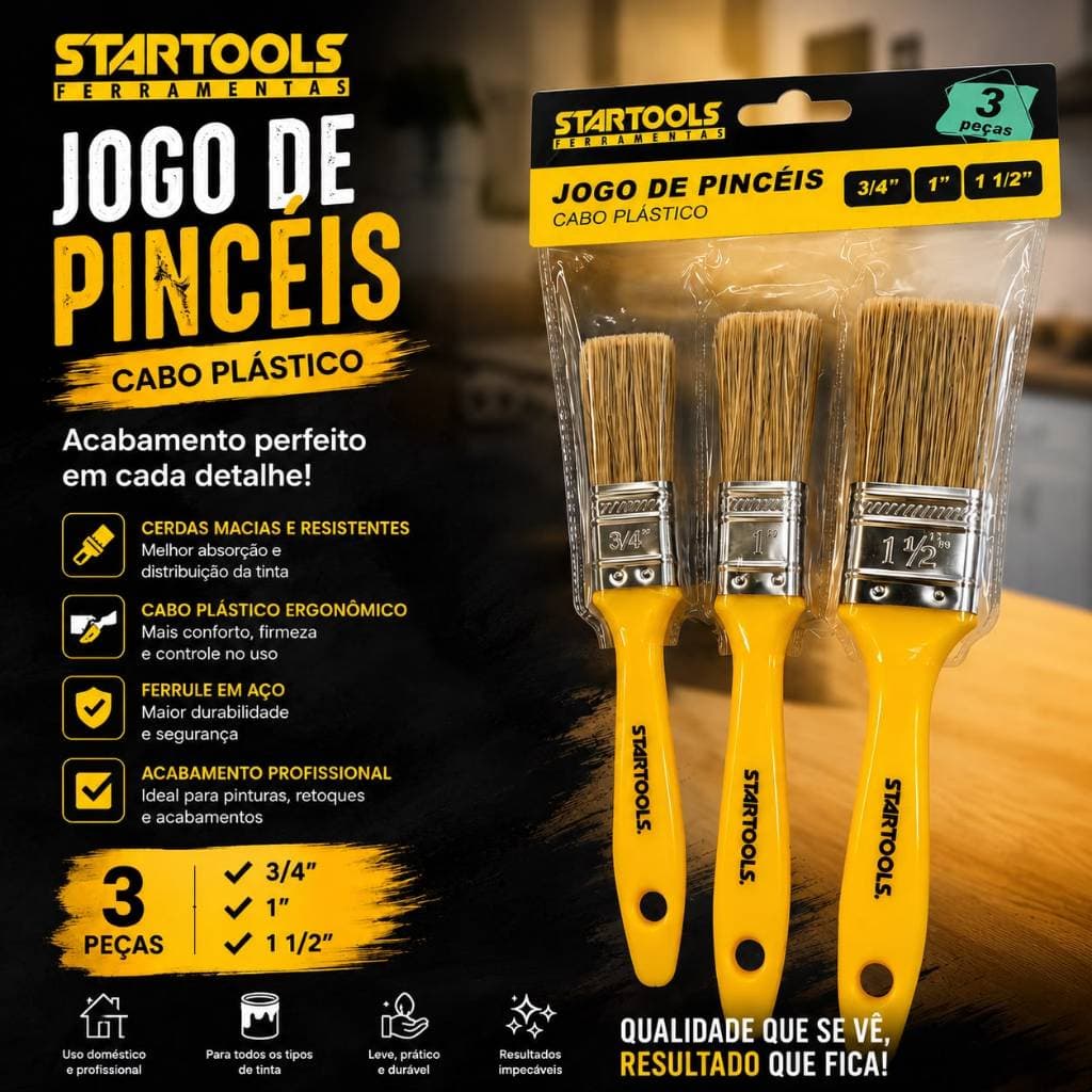 Jogo de Pincéis para Pintura Startools com Cabo Plástico – Kit 3 Peças (3/4”, 1” e 1 1/2”)