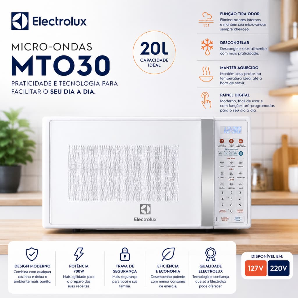 Micro-ondas Electrolux MTO30 20L Branco com Função Tira Odor