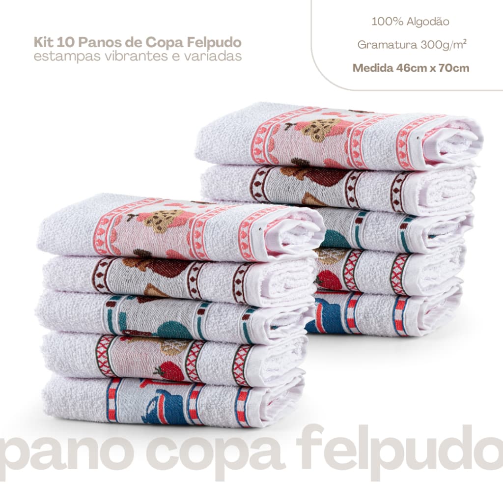 Kit Pano de Prato Felpudo 100% Algodão 46x70cm Estampado – 5 ou 10 Unidades Variadas