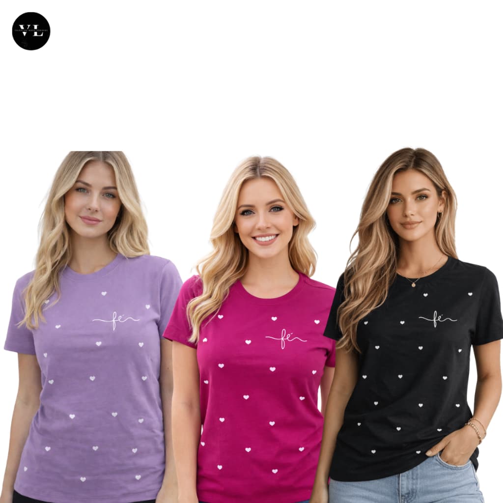 Kit 3 T-Shirts Femininas Estampadas Fé com Corações Manga Curta Casual Fashion Confortável