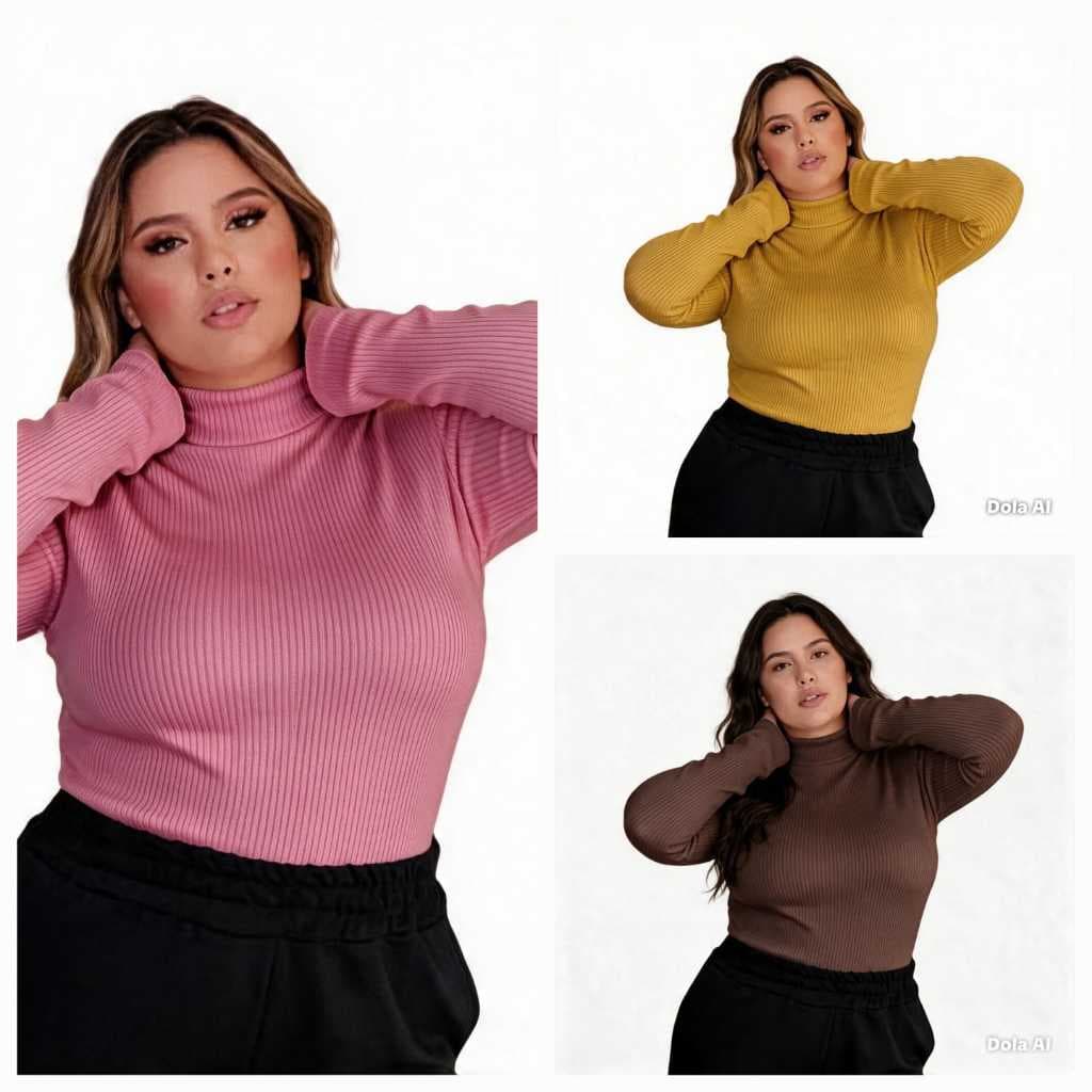 Kit 3 Blusa Feminina Cacharrel Plus Size Segunda Pele Manga Longa Canelado Tamanho G1,G2,G3