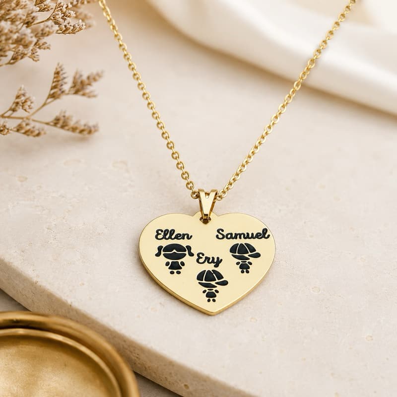 Colar de Filhos Personalizado com Nome e Desenho 1 a 3 Filhos Coração Dourado Folheado