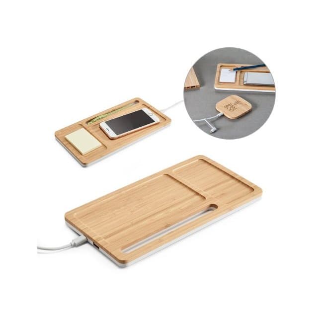 Organizador de secretária (mesa) em bambu e ABS com carregador por indução super-rápido (15W)