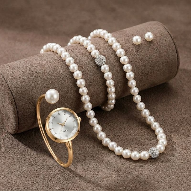 Kit Relógio Bracelete Pérola Colar Pulseira Brinco Presente Elegante