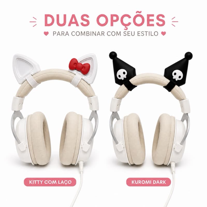 Orelhinhas Kuromi e Hello Kitty para Headset 🎀 | Enfeite Gamer Estilo Kawaii + 2 Velcros (3D)