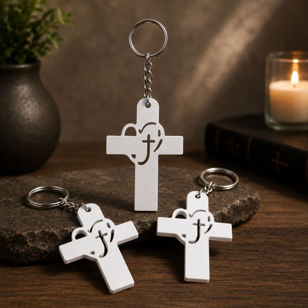 3 Chaveiros Cruz com Coração Branco Proteção Presente Religioso Envio Imediato