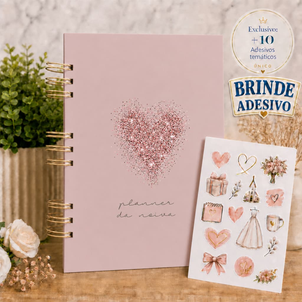 Planner da Noiva Rose com Brilho Agenda Casamento 298 Páginas Personalizado Checklist Organização A5 com 10 adesivos