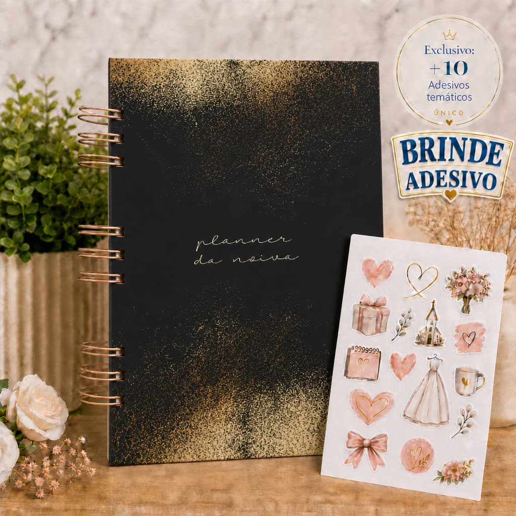 Planner da Noiva Preto Dourado Agenda Casamento 298 Páginas Personalizado Checklist Organização A5 com 10 adesivos