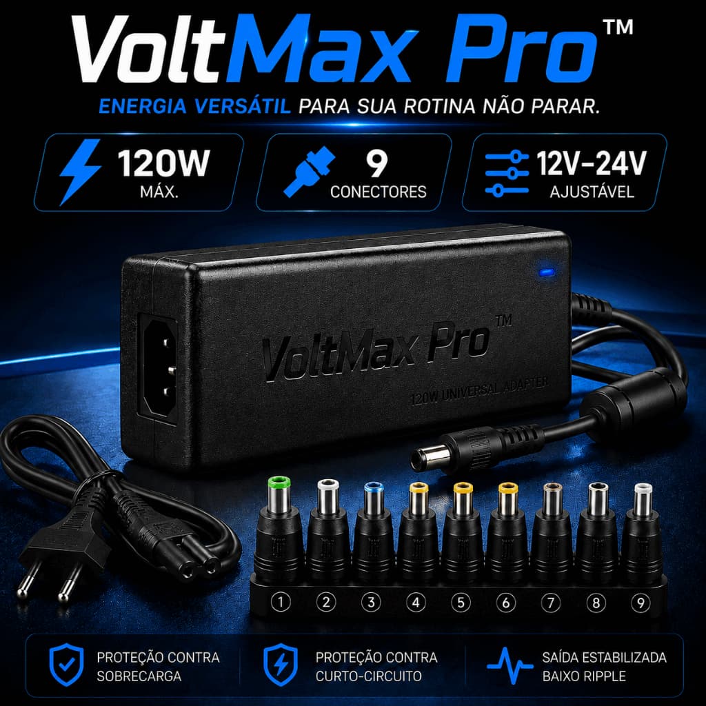 **Fonte Universal para Notebook VoltMax Pro™ 120W com 9 Conectores e Voltagem Ajustável de 12V a 24V