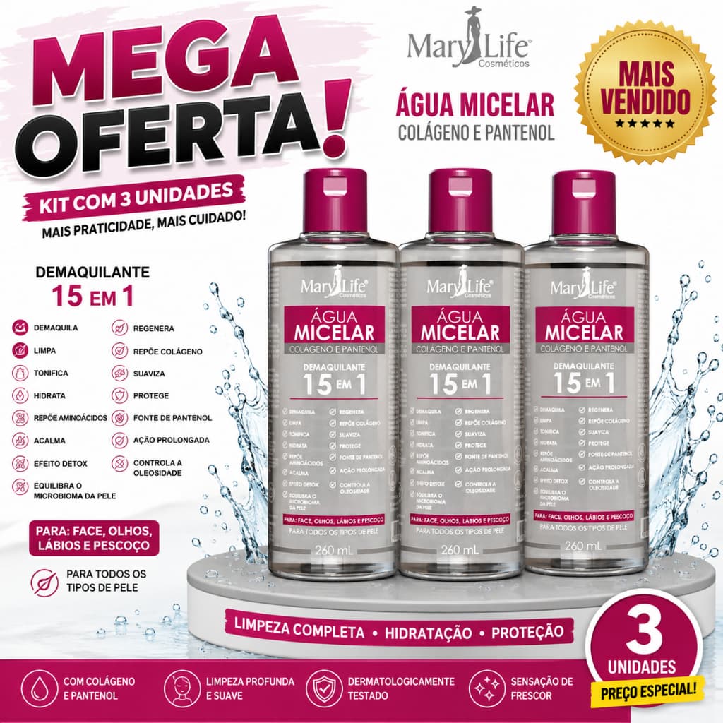 Kit 3 Unid Água Micelar Colágeno e Pantenol 15 em 1 260mL Mary Life