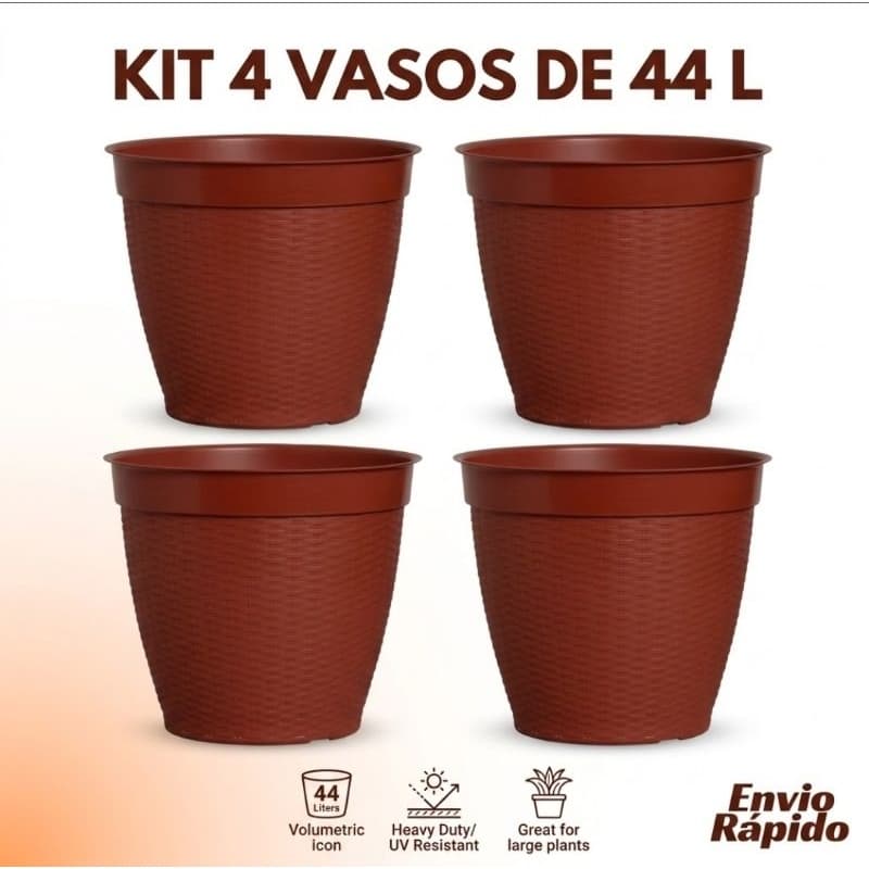 Kit 4 X Vaso Decorativo Rattan Redondo 44 Litros Grande Plastico Resistente Plantas Arvore Frutifera