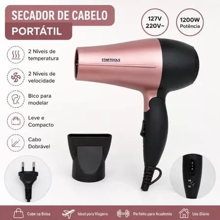 Secador Feminino Cabelo Portatil Compacto Potente 1200W Bivolt Rosa Leve Facil Transporte Dobrável